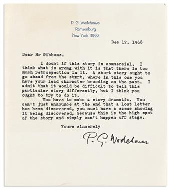 WODEHOUSE, P.G. Small archive of 8 items, each Signed, or Signed and Inscribed, to Ray Gibbons: Two Autograph Letters * Three Typed Let